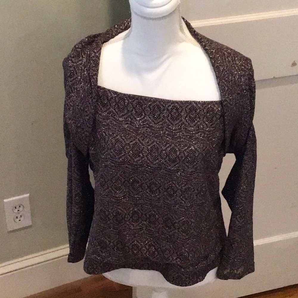 Joseph Ribkoff top 3/4 sleeve brown metallic lace geometric bronze Sz 14 NWT